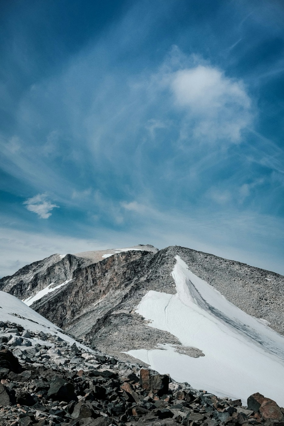 Epic snowy summit ridge on Galdhøpiggen, Norway's highest peak