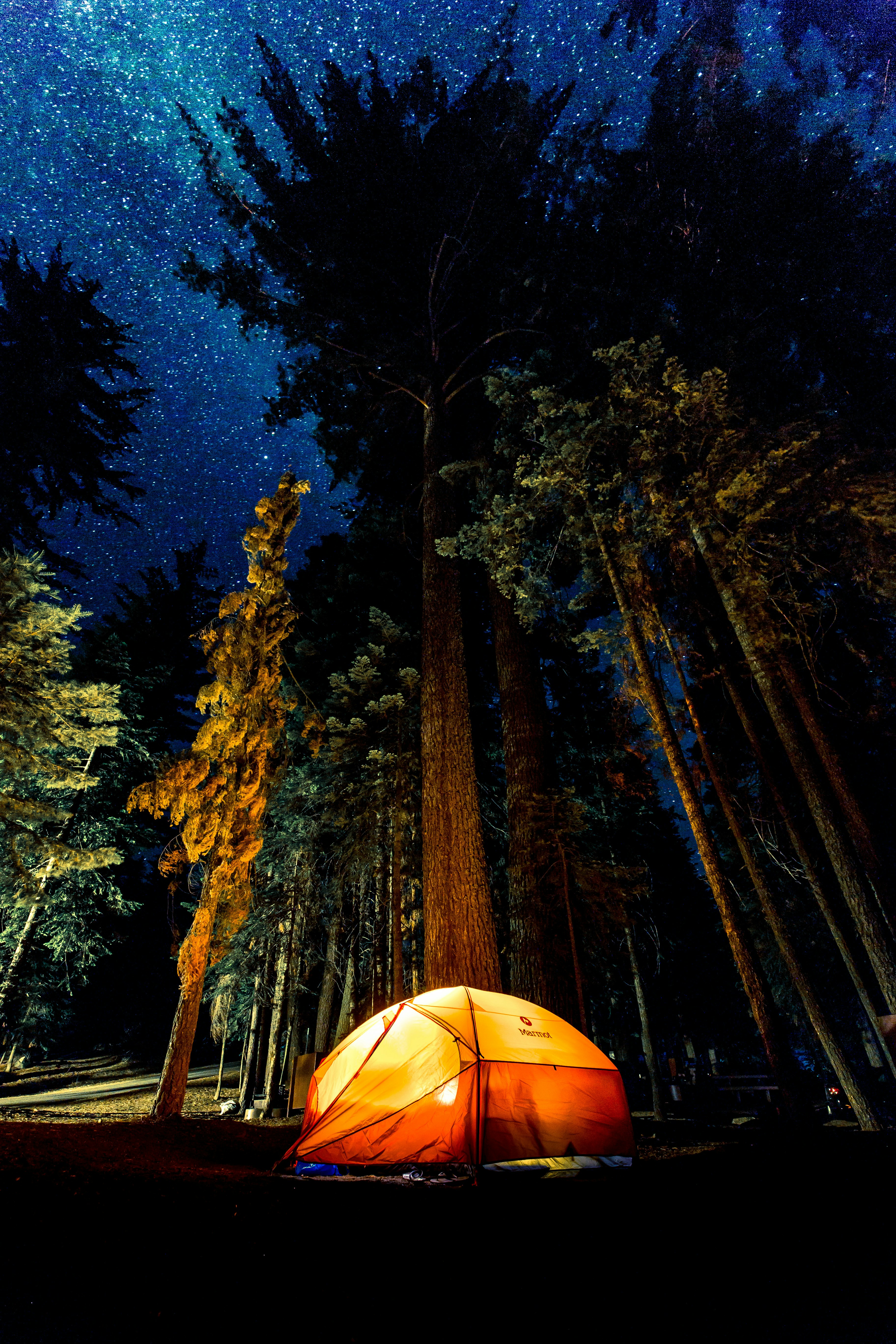 Tent glowing under the stars in Nordmarka at night