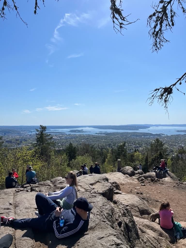People enjoying the summit view over Oslo and the Oslofjord from Vettakollen